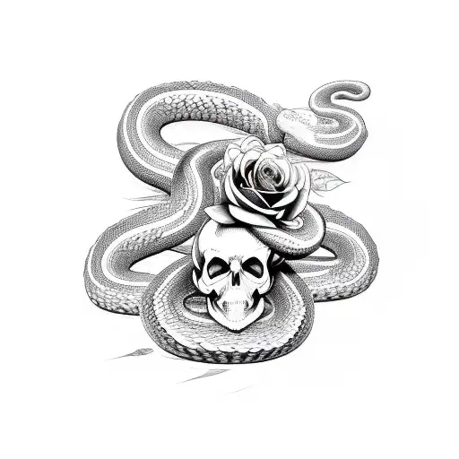 A Snake Coiled Around A Skull With Roses In The Background