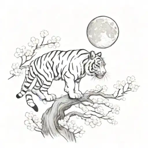 Tiger Walking Cherry Blossom Tree Branch Moon Made