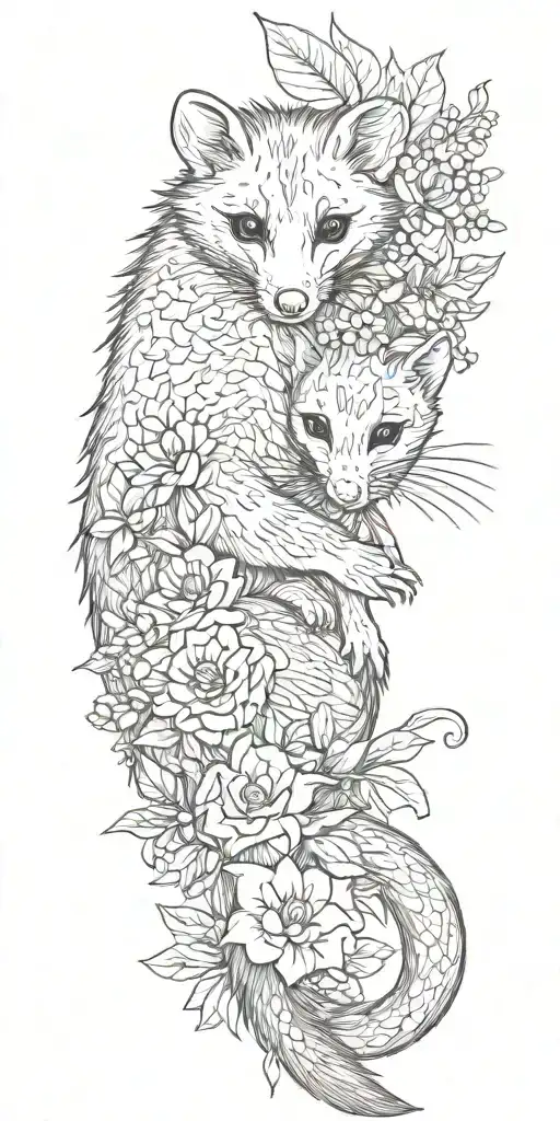 Virginia Opossum Holding Flowers In Tail Wrapped