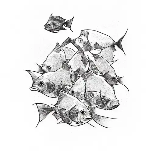 A Sketch-style Tattoo Showcasing A School Of Fish Swimming Around A Fishing Boat