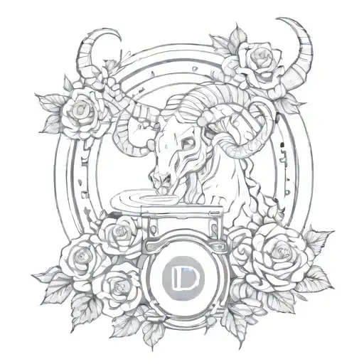 Combine A Dj Turntable With A Majestic Capricorn Symbol Surrounded By Roses And Skulls