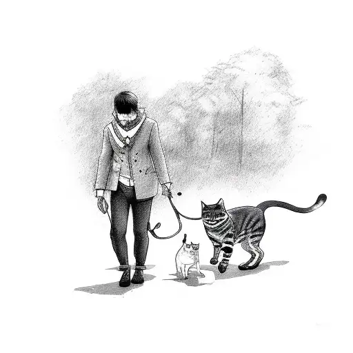 Two Persons Walking With A Cat