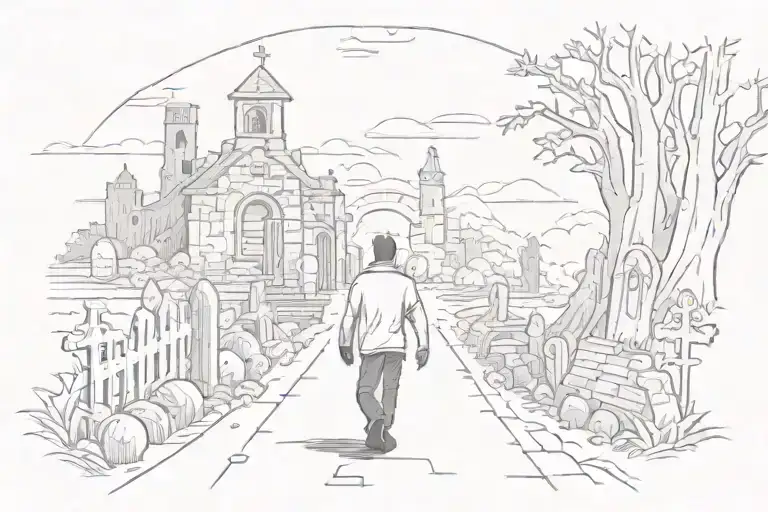 Man Walking Out Of A Graveyard With Monsters And A Outdoor Themed Background