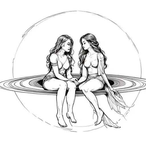 Two Girls Friends Sitting On Saturn Sketch With Faith