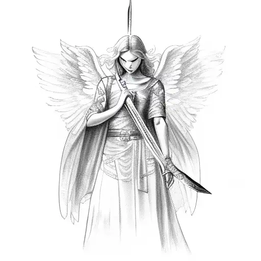 An Angel Wielding A Sword In A Sketch Style