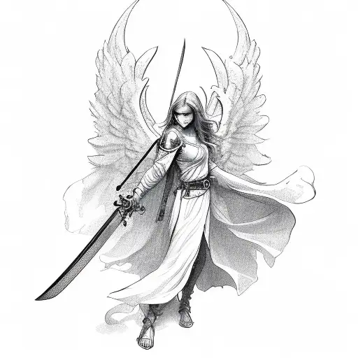 An Angel Wielding A Sword In A Sketch Style