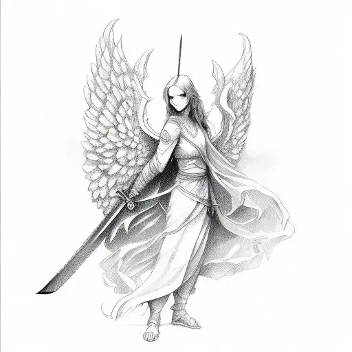 An Angel Wielding A Sword In A Sketch Style
