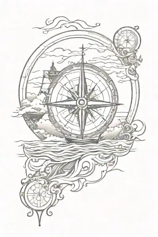 In A Frame A Boat With Sea Wave Compass