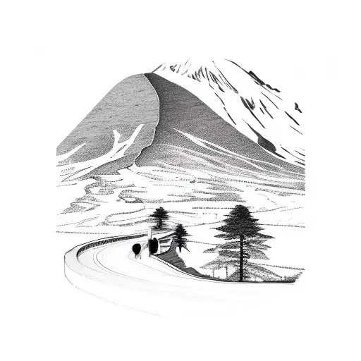 A Road Winding Through A Mountain Range With A Motorcycle Silhouette In The Foreground