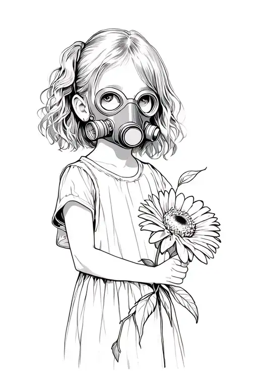 Little Girl Wearing A Gas Mask Holding A Flower