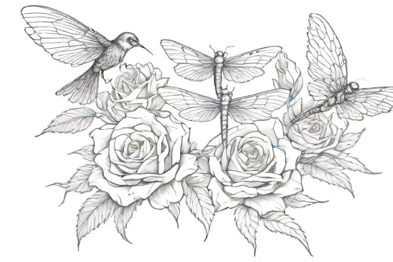 Two Swallows A Rose Three Dragonflies