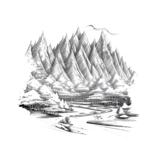 A Detailed Sketch Of A Mountain Landscape With Trees And A Winding River