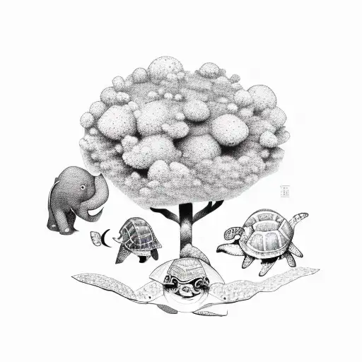 A Turtle Under The Sea With A Tree And Elephant Under The Tree And A Sloth In The Tree