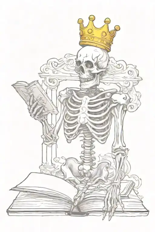 Skeleton With A Crown Holding A Cross And A Book