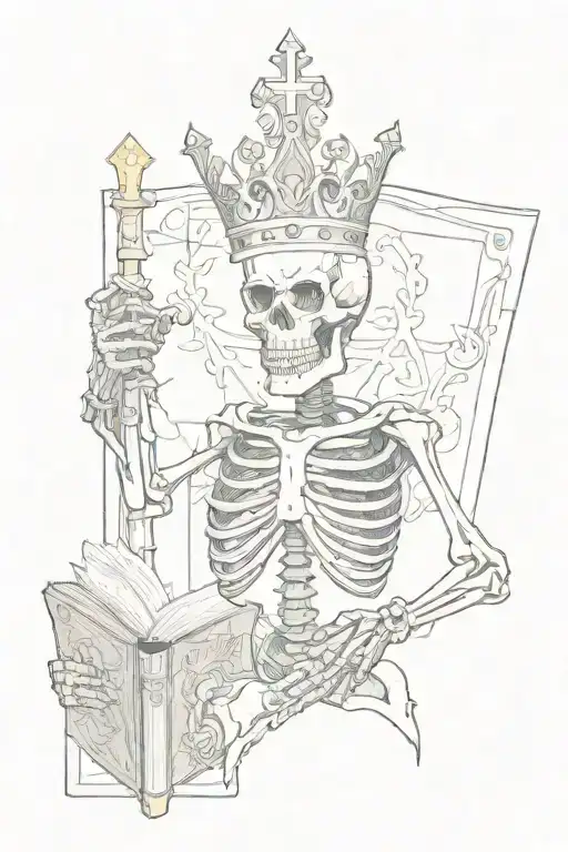 A Skeleton With A Crown And Holds A Cross In One Hand And A Book In The Other