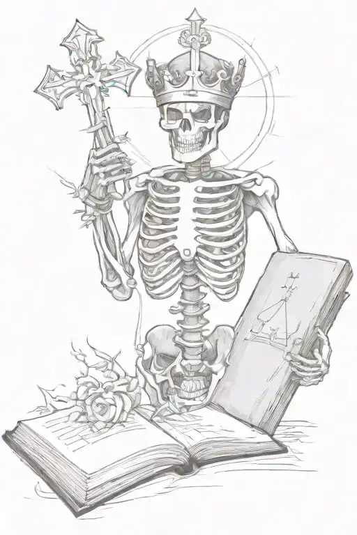 A Skeleton With A Crown And Holds A Cross In One Hand And A Book In The Other