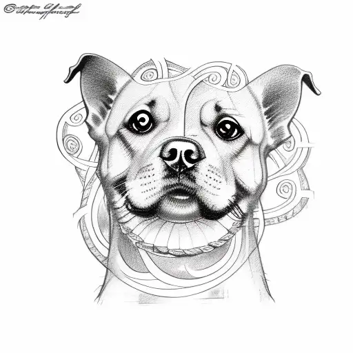 A Sketch Style Tattoo Of A Dog Surrounded By Intricate Swirls And Vines