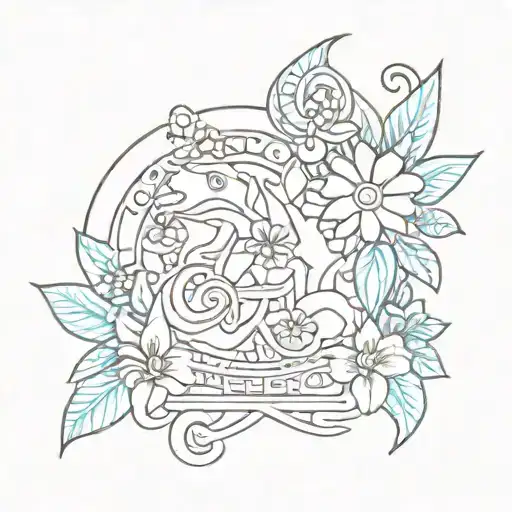 Coqui Taino Symbol With Flowers And Muscial Patterns Around It