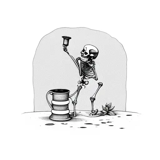Skeleton Watering A Small Pot Plant Flower On The Ground With A Watering Can
