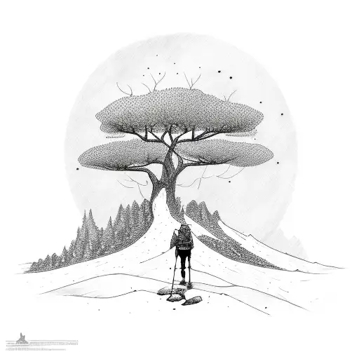 A Sketch-style Tattoo Of A Hiker Standing In Awe Of A Majestic Tree