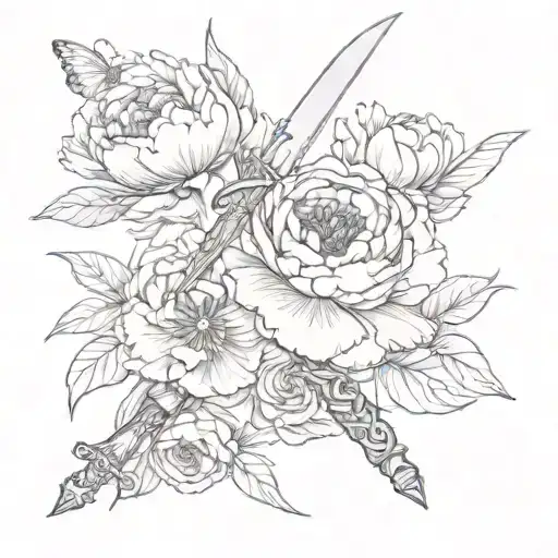 Peonies Growing Around A Sword With A Butterfly Resting On The Hilt Of The Blade