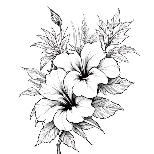 Shoulder Wrap With Hibiscus And Lilies With Flowing Stems Fine Line