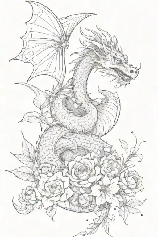 Dragon With Flowers And Butterflies