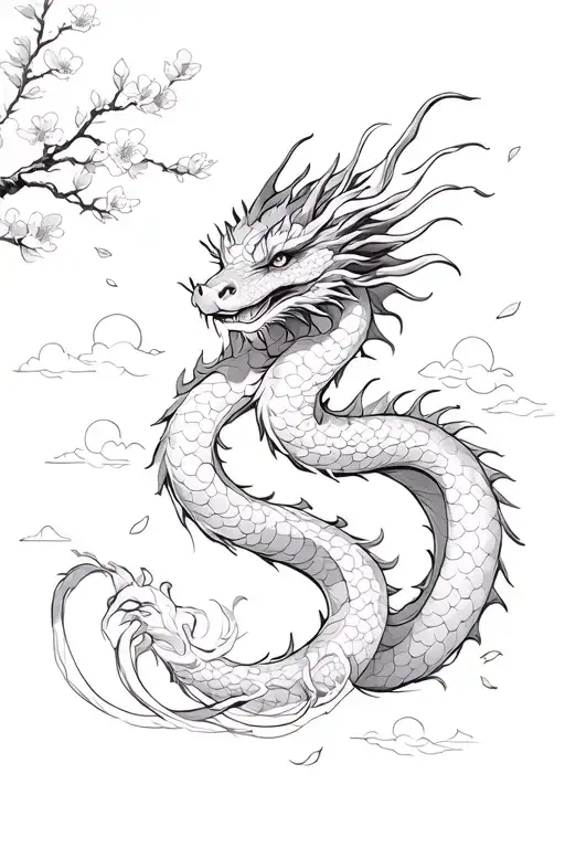 Dragon Wrapped In Cherry Blossom Petals With Japanese Traditional Clouds