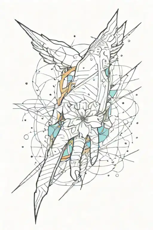 Linear Tattoo On Hand In Color And Splashes