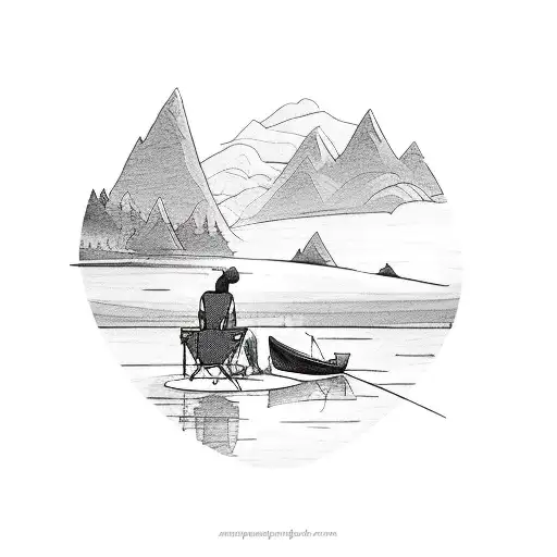 A Serene Camping Scene With A Woman Fishing By A Peaceful Lake
