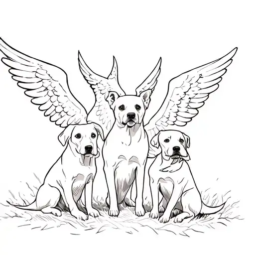 Three Dogs With Angel Wings Soaring In The Air