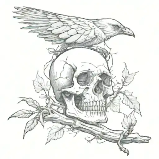Skull An Bones With Crow Perched