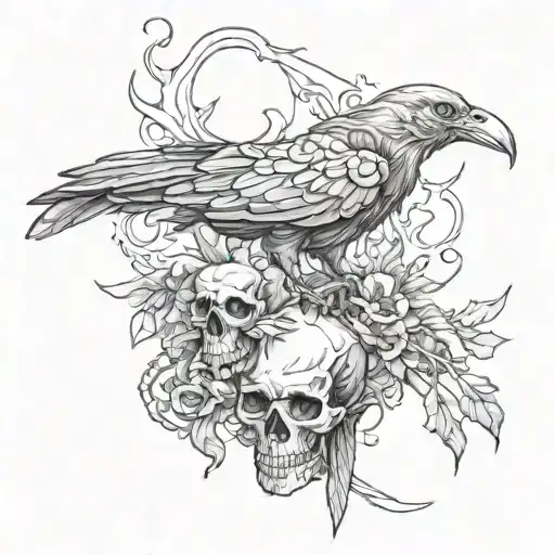 Skull An Bones With Crow Perched