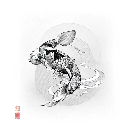 Koi Fish Swimming Through Waves And Lotus Flowers