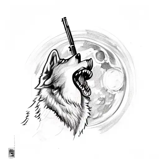 A Wolf Howling At The Moon With A Firearm In Its Mouth