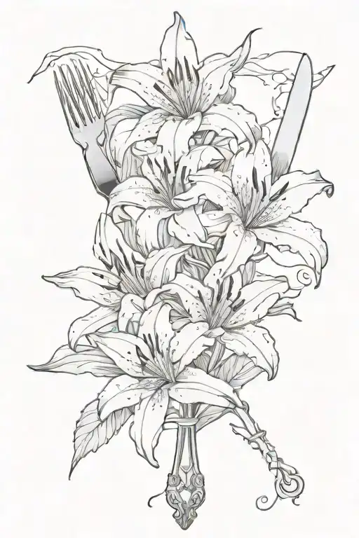Black And White Lilies With A Fork And Knife Crossed