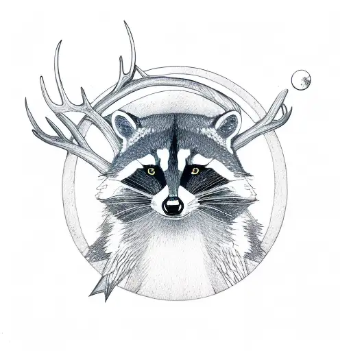 Racoon With Deer In Top And A Moon In Top Of The Deer Antlers