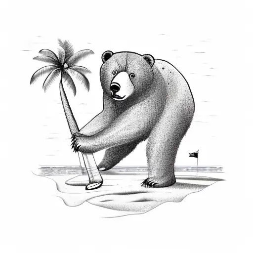 A Bear Playing Golf On A Beach With A Palm Tree In The Background