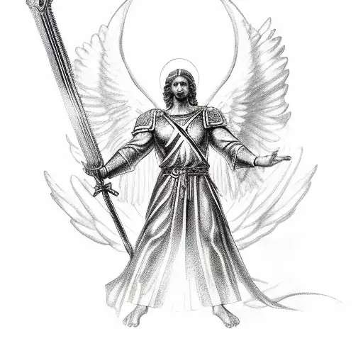 An Archangel Michael With A Sword And A Bible Accurate Angel With Like Sunlight Rays Behi