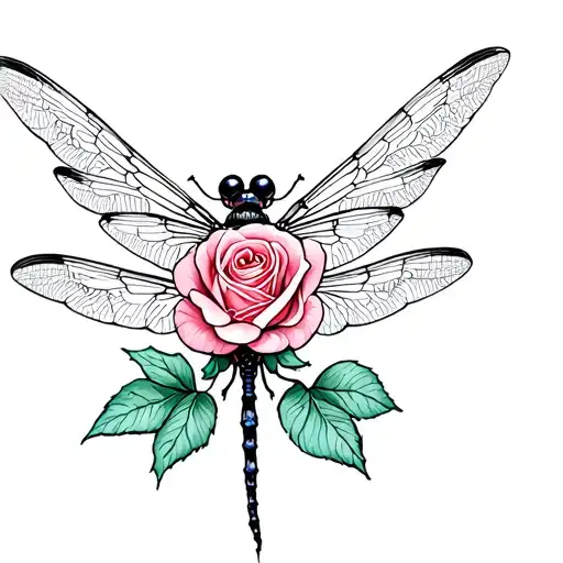 Rose And Dragonfly With Open Wings