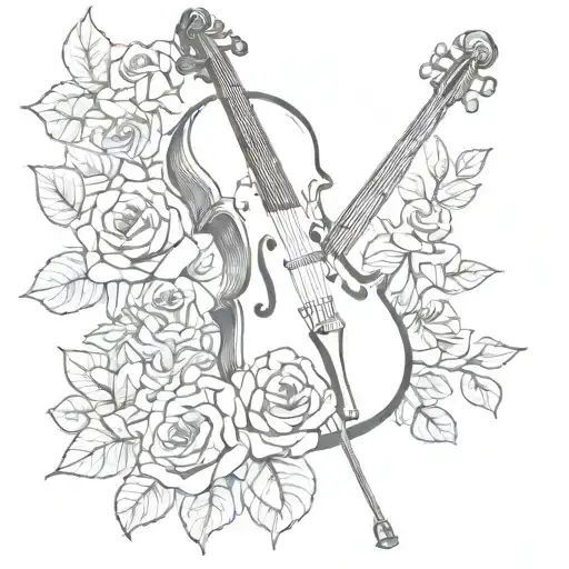 Skull Roses And Cello Black And White Drawing