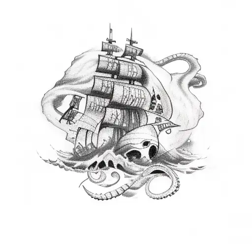 A Sketch-style Tattoo Depicting A Pirate Ship Battling A Giant Octopus In A Raging Sea