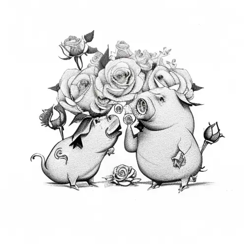 Pig And Rooster With Roses