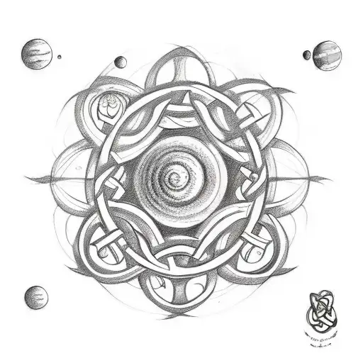 A Sketch Style Tattoo Of A Celtic Knot With Planets Orbiting Around It