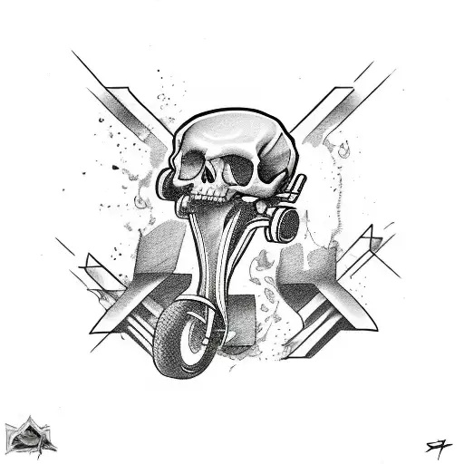 A Phonk Music-themed Skull Tattoo Featuring A Motorcycle And Bass-speakers