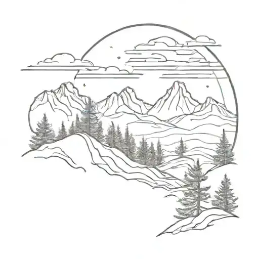 Mountains With Pine Trees And Space Above The Horizon