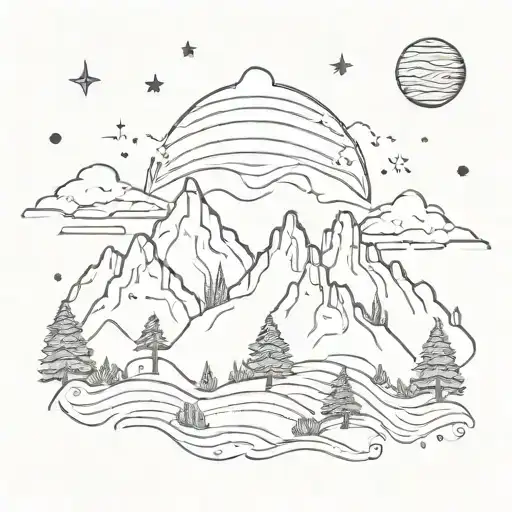 Mountains With Pine Trees And Space And Planets Above The Horizon