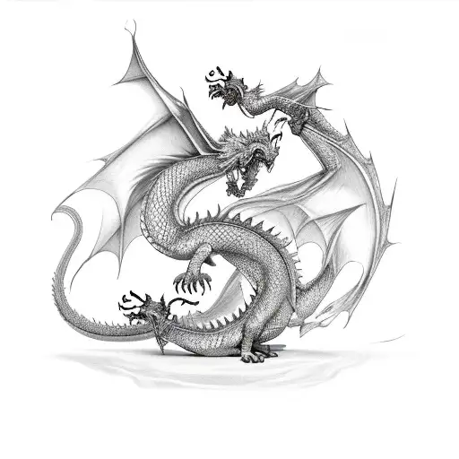 Two Dragons One In Red And One In Black And The Tails Twist Together Down