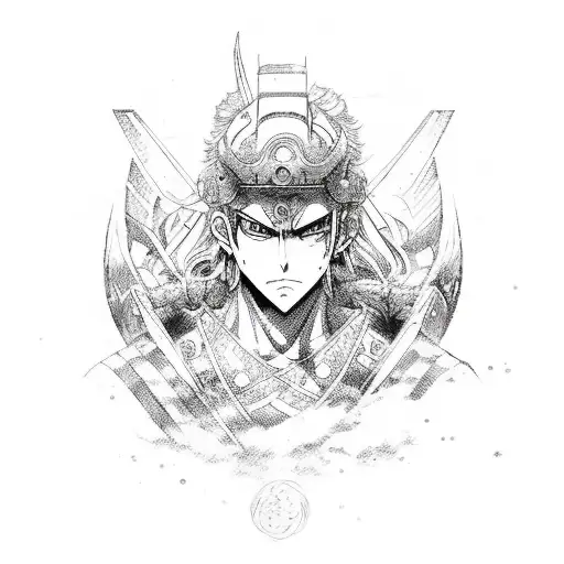 A Powerful Warrior From A Manga Series Surrounded By Epic Symbols In Sketch Style