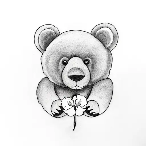 A Minimalist Tattoo Of A Teddy Bear Holding An Iris Flower